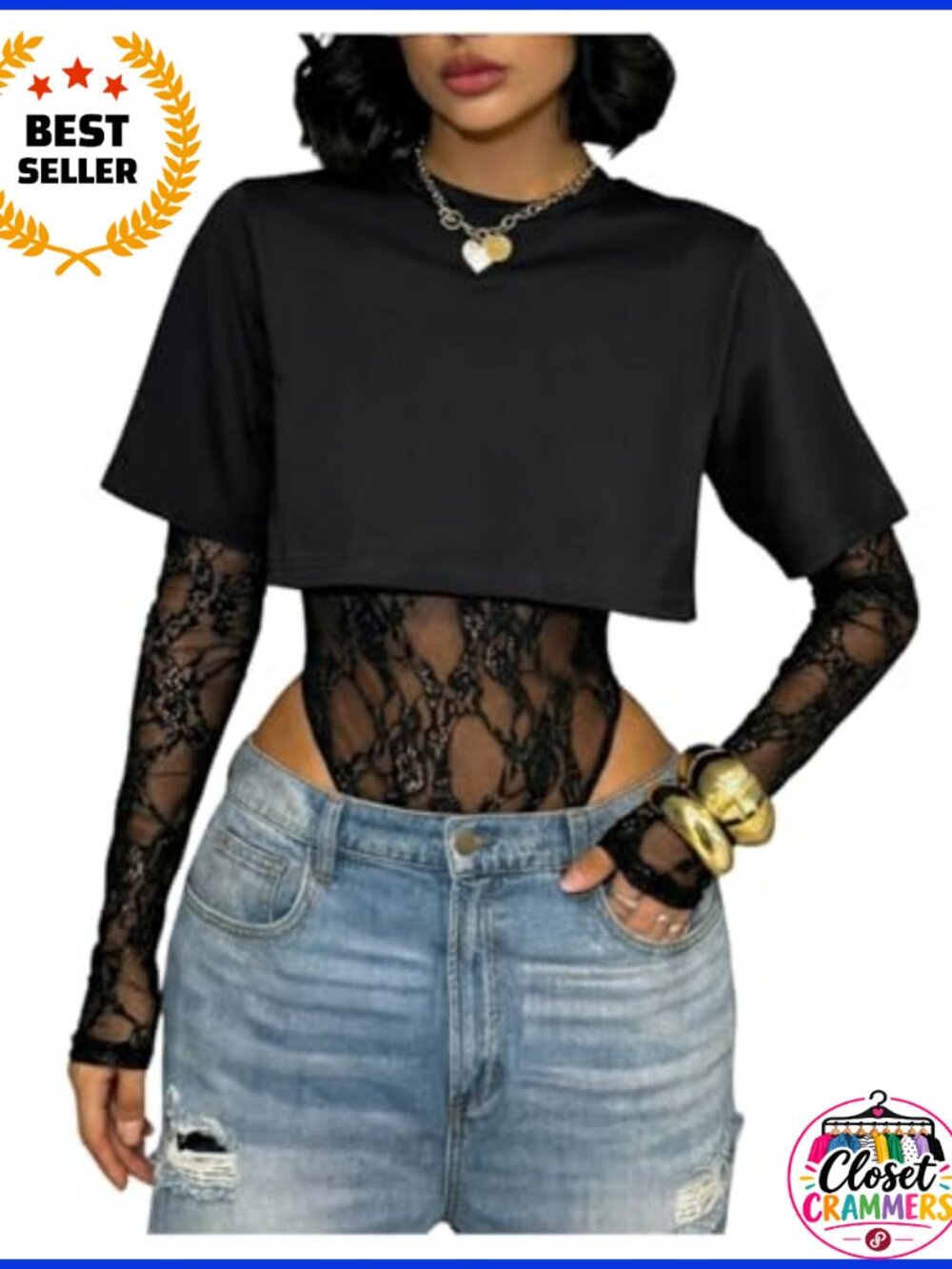 MakeMeChic Lace Bodysuit Long Sleeve Sheer Leotard Top Slim Fit